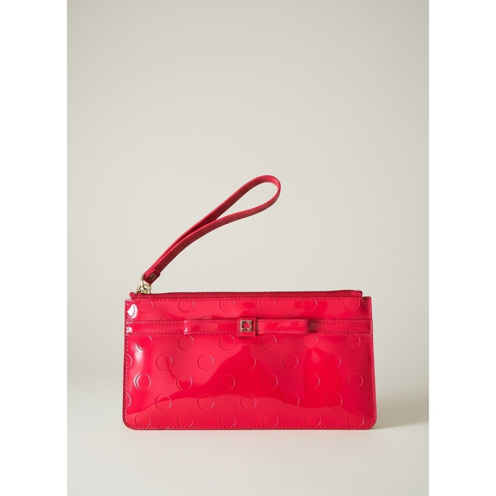 Kate Spade Jemima Camelia Red Wristlet Clutch Bow Patent PVC Polka‎ Dot Zip